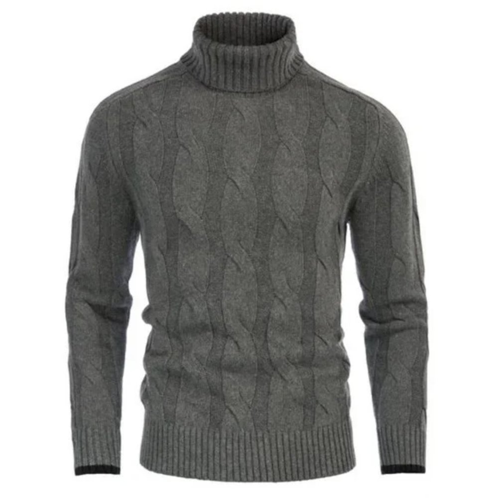 Men Turtleneck Sweater Cable Knit Grey